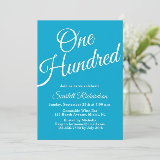 Honderd script Aqua Blue 100ste verjaardagsfeestje Kaart (Staand voorkant)
