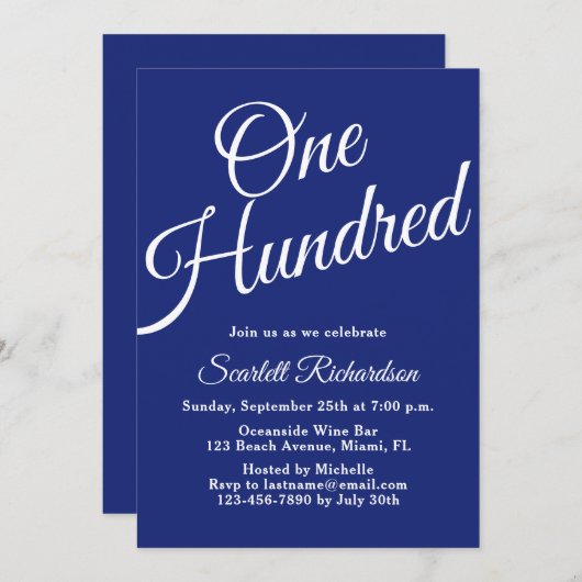 Honderd script marineblauw 100ste verjaardagsfeest kaart (Voorkant / Achterkant)