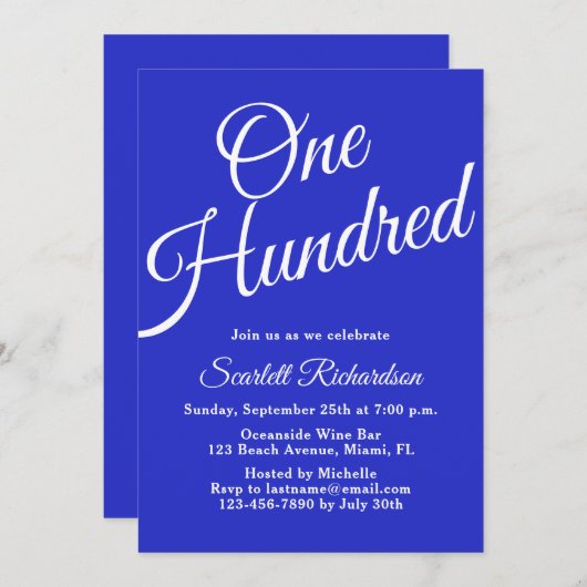 Honderd script Royal Blue 100e verjaardagsfeestje Kaart (Voorkant / Achterkant)