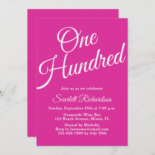 Honderd script roze 100ste verjaardagsfeest kaart (Voorkant / Achterkant)