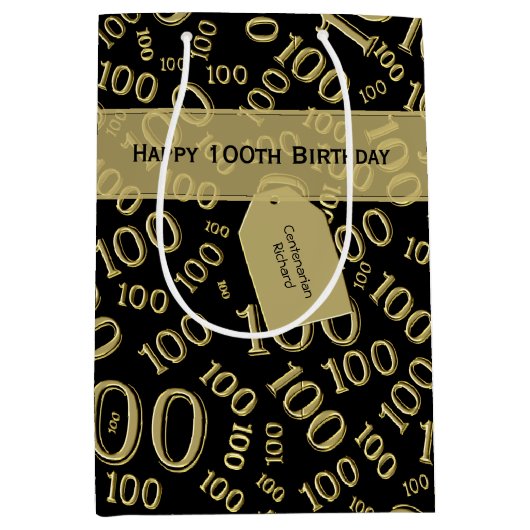 honderdjarige 100ste verjaardag zwart/gouden patro medium cadeauzakje (Voorkant)