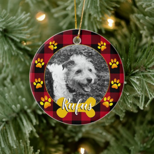 Hondfoto, familiepuppy, bot, poten, buffelstang keramisch ornament (Boom)