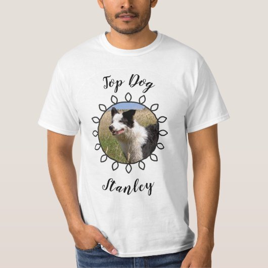 Hondfoto met versierd lijst en jouw tekst t-shirt (Voorkant)