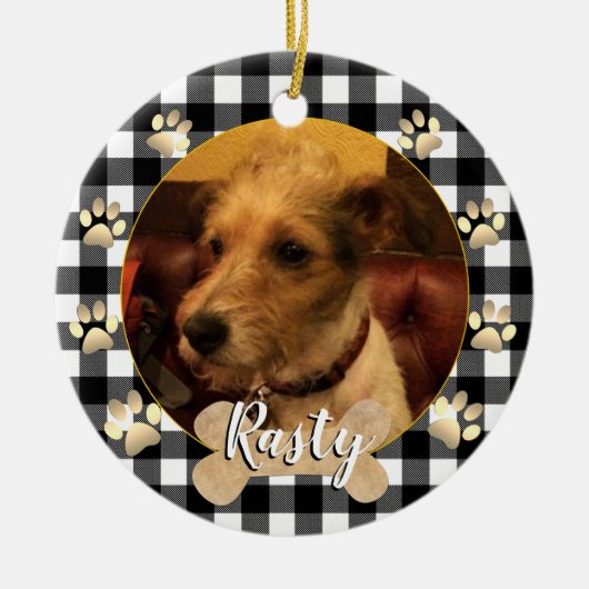 Hondfoto, puppy, bot, poten, witte buffelplaat keramisch ornament (Voorkant)