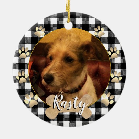 Hondfoto, puppy, bot, poten, witte buffelplaat keramisch ornament (Achterkant)