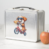hondje dat op een fiets rijdt en pizza eet (In situ)