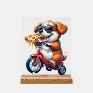 hondje dat op een fiets rijdt en pizza eet acryl bord