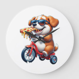 hondje dat op een fiets rijdt en pizza eet grote klok