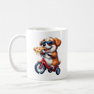 hondje dat op een fiets rijdt en pizza eet koffiemok