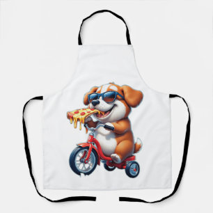 hondje dat op een fiets rijdt en pizza eet schort