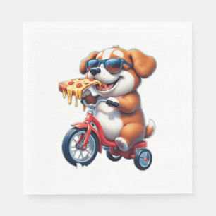 hondje dat op een fiets rijdt en pizza eet servet