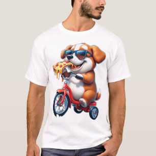 hondje dat pizza eet terwijl het op een fiets rijd t-shirt