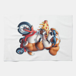 hondje dat pizza eet terwijl het op een fiets rijd theedoek