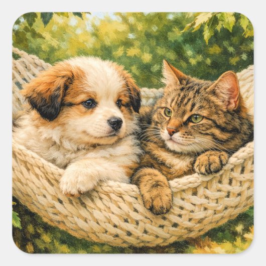 Hondje en Kitten, Vierkante Sticker (Voorkant)
