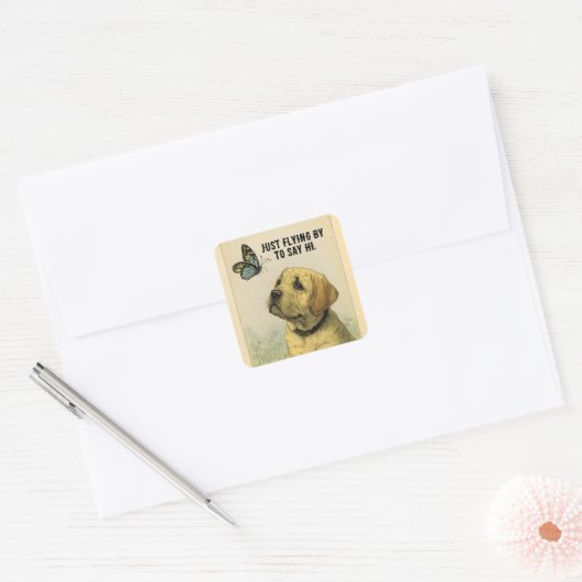 Hondje En Vlinder Vierkante Sticker (Envelop)