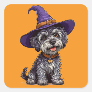 Hondje met paarse tovenaarshoed Halloween-kunst Vierkante Sticker