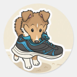 Hondje met schoen ronde sticker