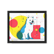 Hondje zit in een kleurrijke kunst ruimte