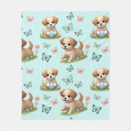 Hondjes en Vlinders op Blauw Fleece Deken