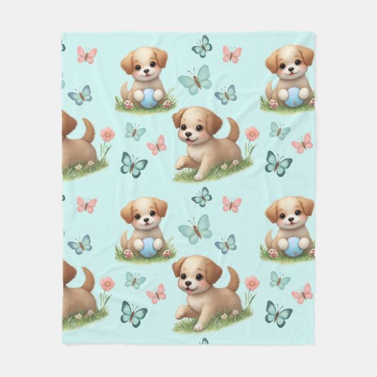 Hondjes en Vlinders op Blauw Fleece Deken (Voorkant)