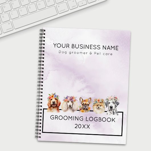 Hondjes met bloemenkrans, waterverf paars notitieboek