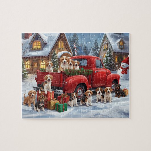 Hondjes van beagle rode vrachtwagen Kerstmis Sneeu Legpuzzel (Horizontaal)