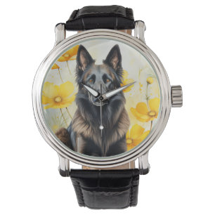 Hondliefhebber Belgische Tervuren en Klaprozen Horloge