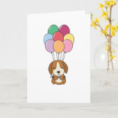 Hondsdolle Beagle Vliegt Met Kleurrijke Ballonnen Kaart (Gele Bloem)