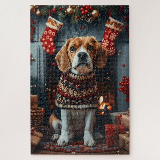 Hondsdraf Hond Met Kerstcadeaus Open Haard Legpuzzel (Verticaal)