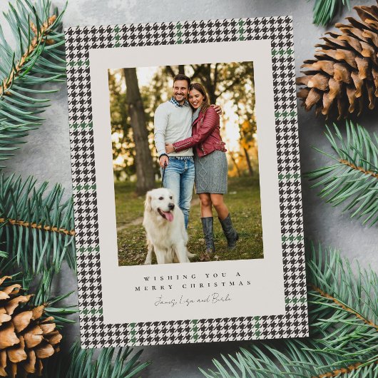 Hondsdrager frame groene check drie foto feestdagenkaart