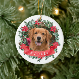 Hondsfoto met naam in krans keramisch ornament