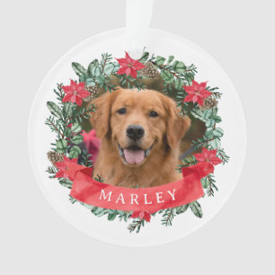 Hondsfoto met naam Poinsettia Krans Ornament
