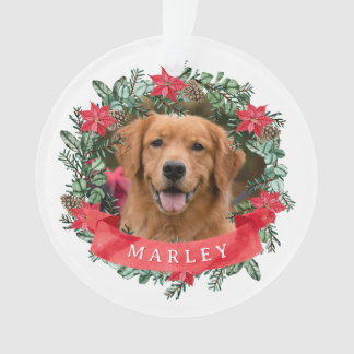 Hondsfoto met naam Poinsettia Krans Ornament