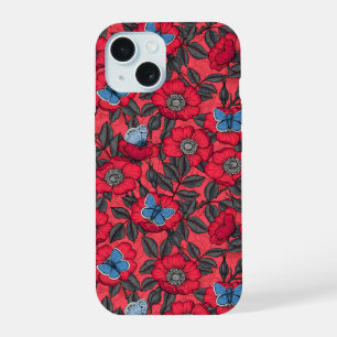 Hondsroos en vlinders in rood en blauw iPhone 15 case