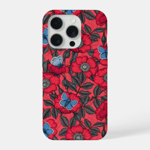 Hondsroos en vlinders in rood en blauw iPhone 15 pro case