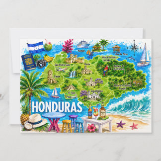 Honduras geïllustreerde reisplattegrond ansichtkaa kaart