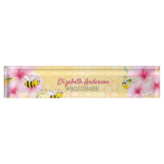 Honecomb blij met hommels roze floralen baas babe naambordje (Voorkant)