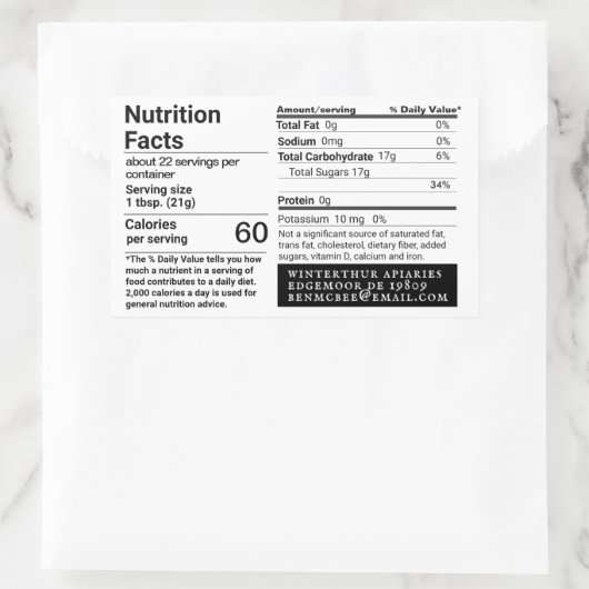 HONEY Apiary naam Voedingsfeiten Label (Tas)