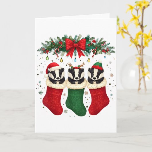 Honey Badger In Christmas Socks Lights Honey Badge Kaart (Gele Bloem)