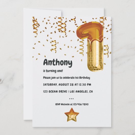 Honey Balloon 1e Verjaardag uitnodiging (Voorkant)