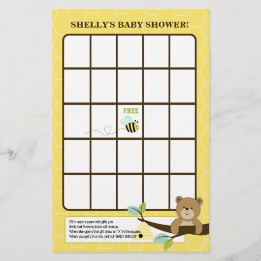 Honey Bear en Bee Baby Shower Bingo Spel (Voorkant)