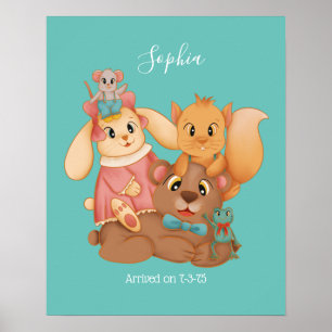 Honey Bear & Friends, zelf naam wit, Licht Teal Poster