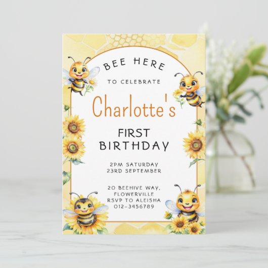 Honey Bee 1e verjaardag Kaart (Staand voorkant)