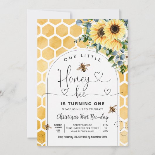 Honey Bee 1st Bee Party Verjaardag Kaart (Voorkant)