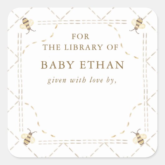 Honey Bee Baby shower Book Library Vierkante Sticker (Voorkant)