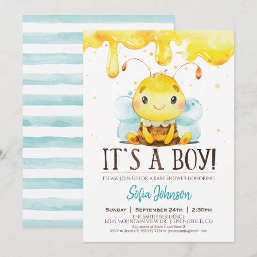 Honey Bee Baby shower Boy Invitation Kaart (Voorkant / Achterkant)