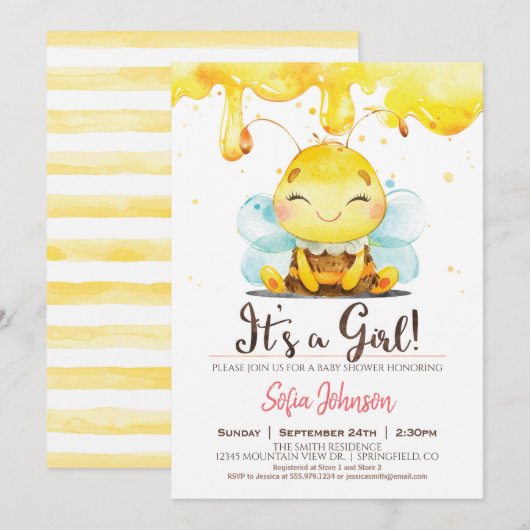 Honey Bee Baby shower Girl Invitation Kaart (Voorkant / Achterkant)