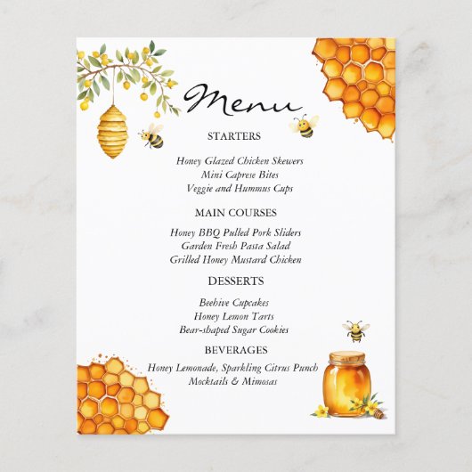 Honey Bee Baby shower Menu Kaart (Voorkant)