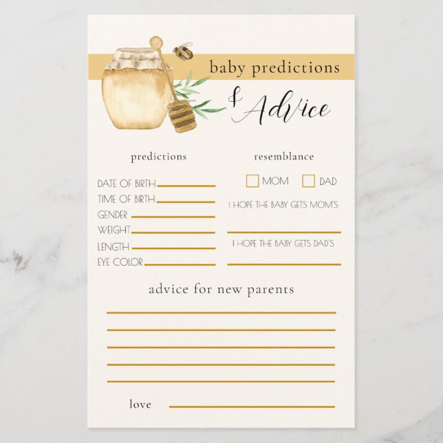 Honey Bee Baby Shower Prediction Game (Voorkant)