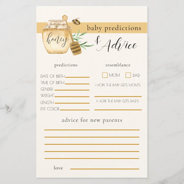 Honey Bee Baby Shower Voorspelling Spel (Voorkant)